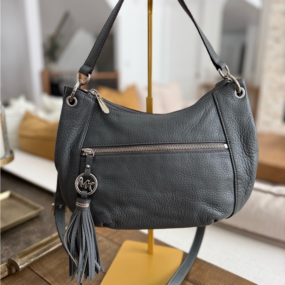 Michael Kors Pebbled Leather Crossbody Shoulder Bag Gray Silver Hardware
